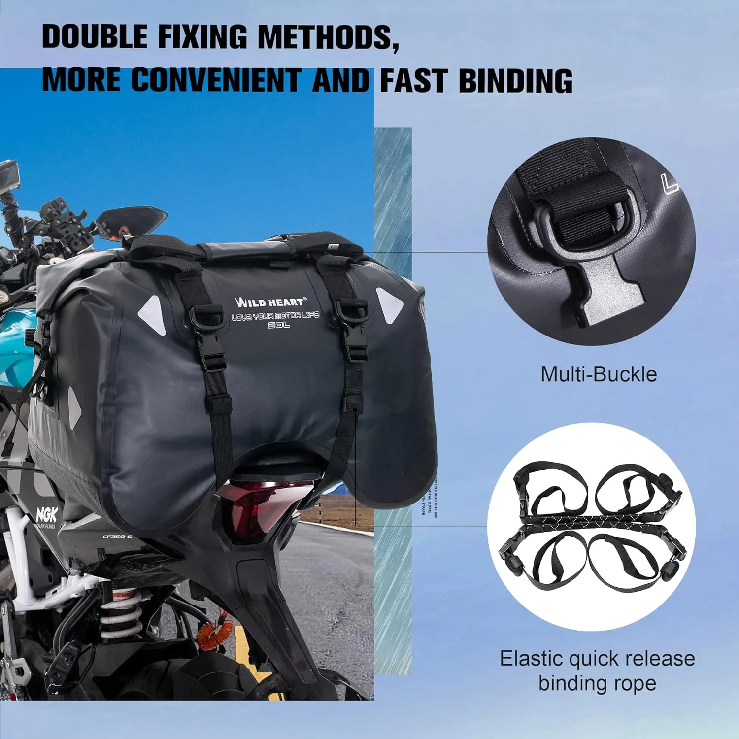 WILD HEART Dry Motorcycle Tail bag 70L/50L With Rope Straps and Inner Pocket Waterproof PVC 500D for Travel,Motorcycle and so on