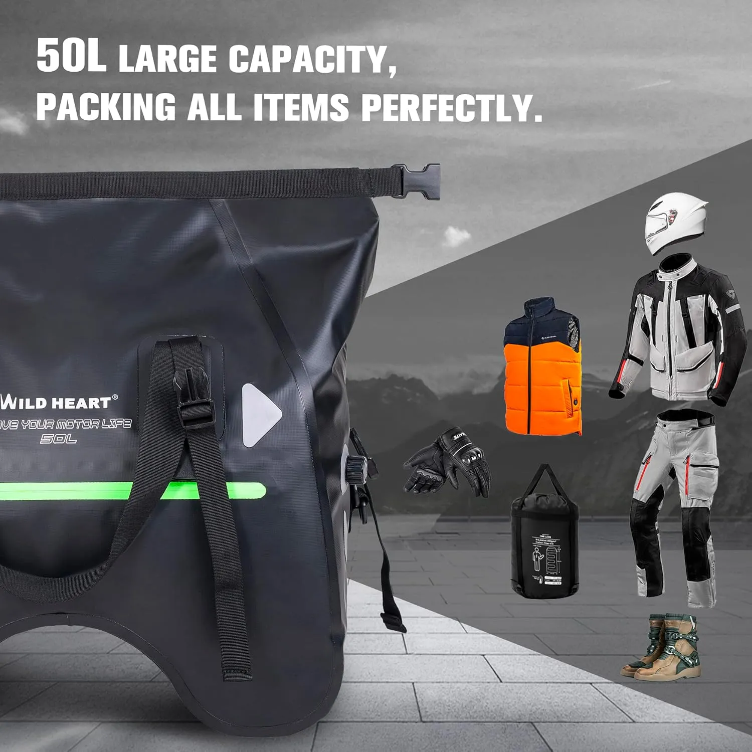 WILD HEART Dry Motorcycle Tail bag 70L/50L With Rope Straps and Inner Pocket Waterproof PVC 500D for Travel,Motorcycle and so on