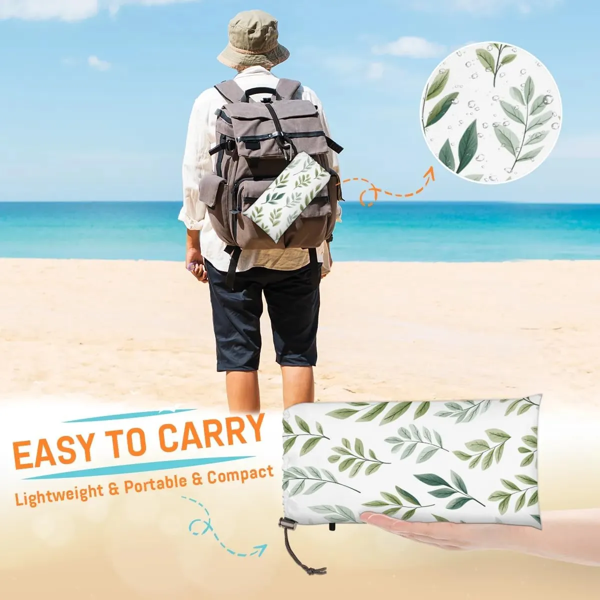Wild Leaves Beach Blanket, Sandproof Beach Mat, 68 x 59 Waterproof Quick Drying Sand Free Mat with 4 x Ground Spikes for Outdoor Travel Camping Hiking, Green Leaves