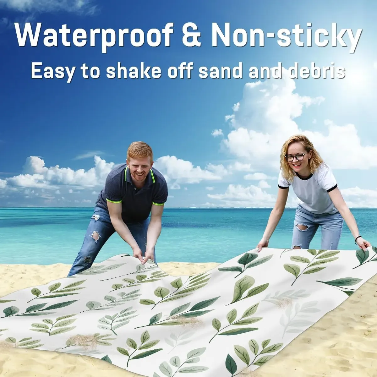 Wild Leaves Beach Blanket, Sandproof Beach Mat, 68 x 59 Waterproof Quick Drying Sand Free Mat with 4 x Ground Spikes for Outdoor Travel Camping Hiking, Green Leaves
