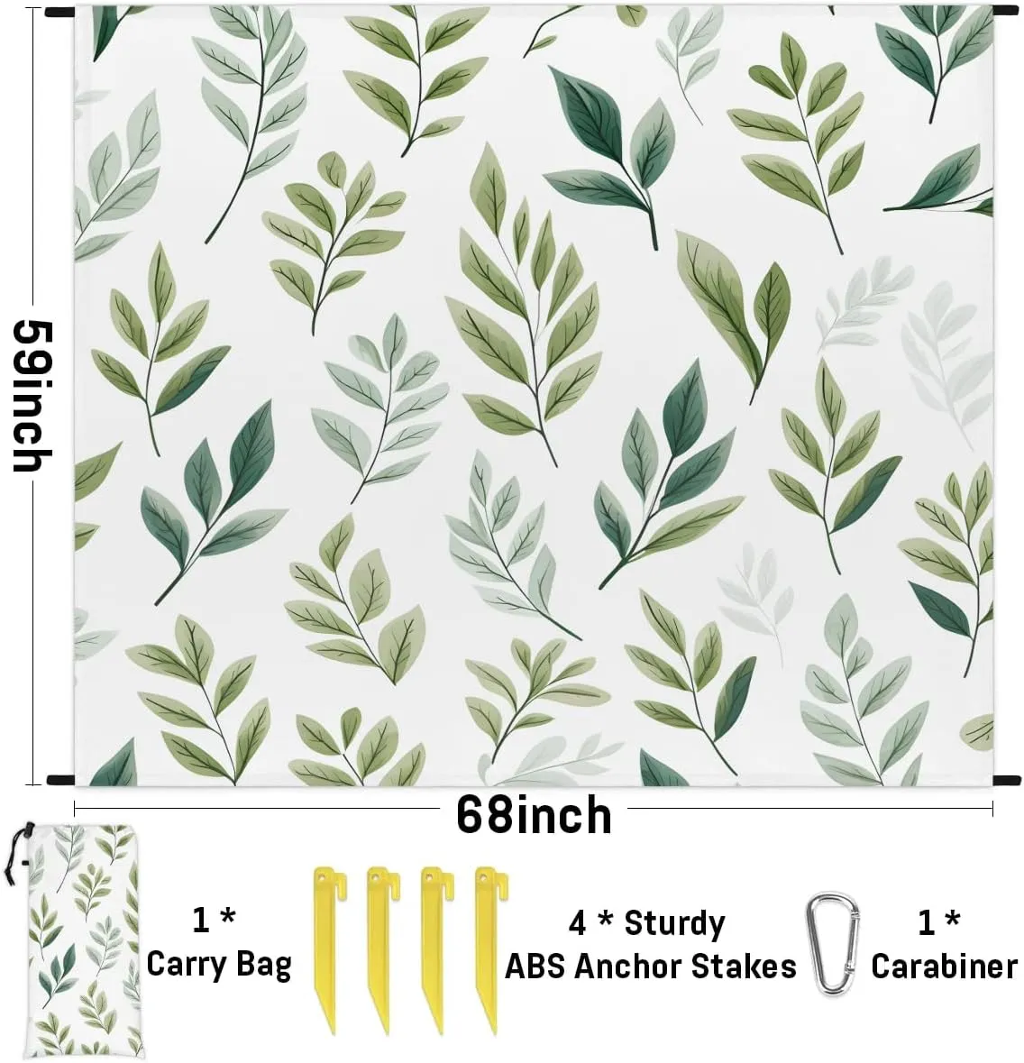 Wild Leaves Beach Blanket, Sandproof Beach Mat, 68 x 59 Waterproof Quick Drying Sand Free Mat with 4 x Ground Spikes for Outdoor Travel Camping Hiking, Green Leaves