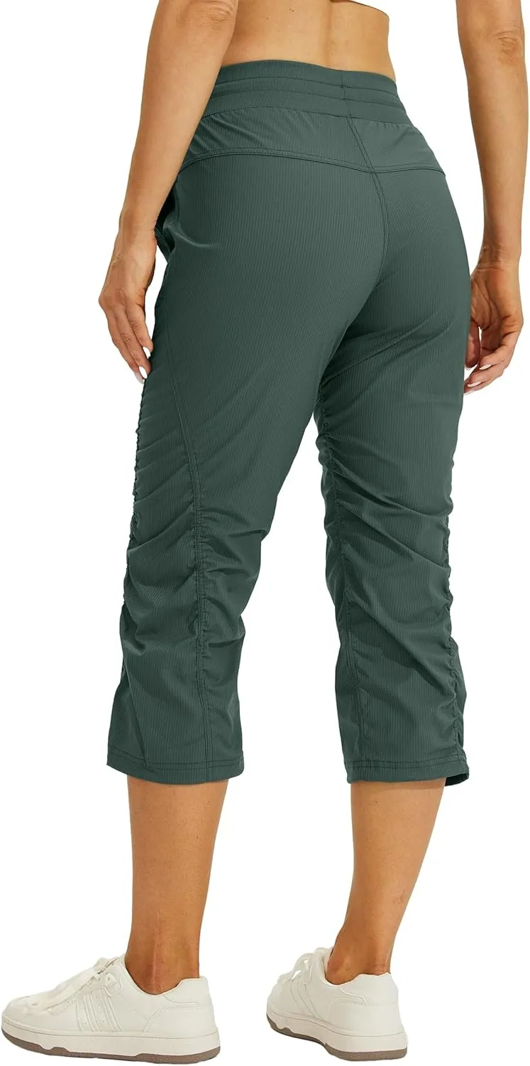 Willit Women's Quick-Dry Capris Hiking Travel Pants Striped Woven Workout Pants with Pockets Lightweight