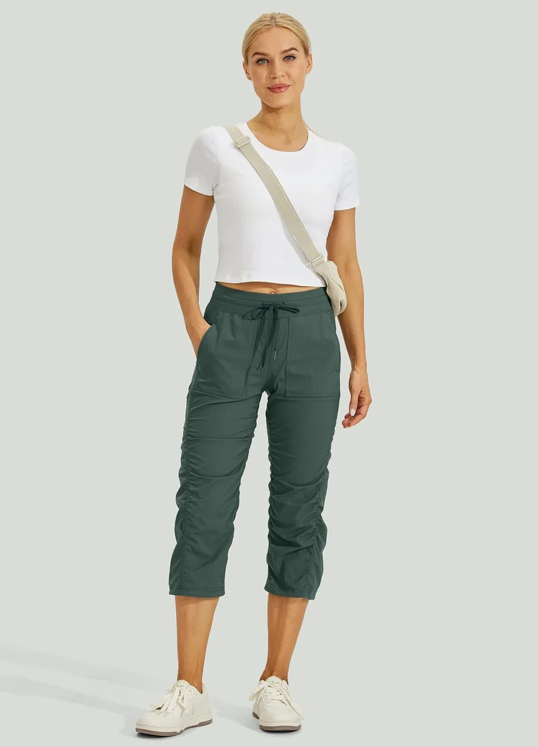 Willit Women's Quick-Dry Capris Hiking Travel Pants Striped Woven Workout Pants with Pockets Lightweight