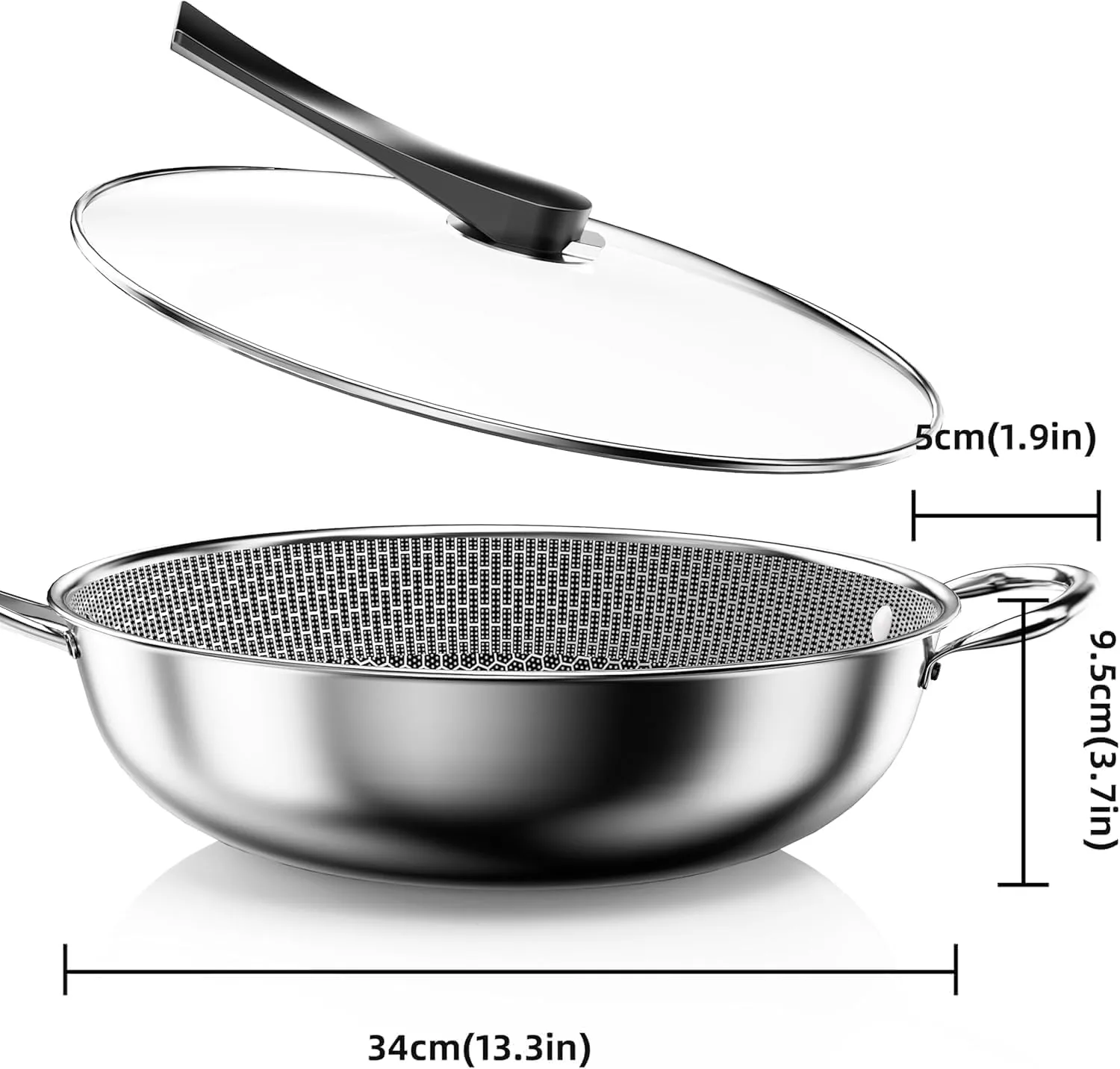 Wok pan,Hybrid 13 inch Deep Fry Wok with Lid, Nonstick Wok with Stay-Cool Handle, Compatible with All Cooktops Including Induction, Stir Fry Pans Wok with Round Bottom (VB4)