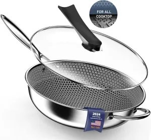 Wok pan,Hybrid 13 inch Deep Fry Wok with Lid, Nonstick Wok with Stay-Cool Handle, Compatible with All Cooktops Including Induction, Stir Fry Pans Wok with Round Bottom (VB4)