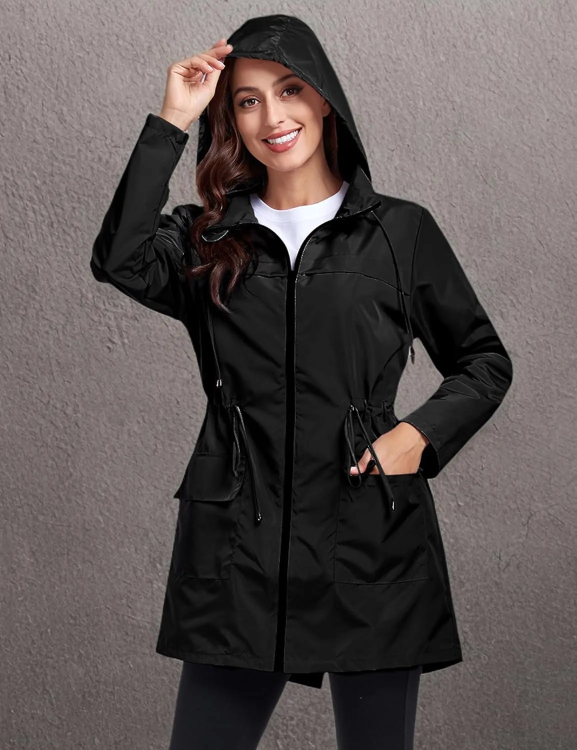 Women Waterproof Raincoat Lightweight Packable Active Outdoor Long Hooded Rain Jacket