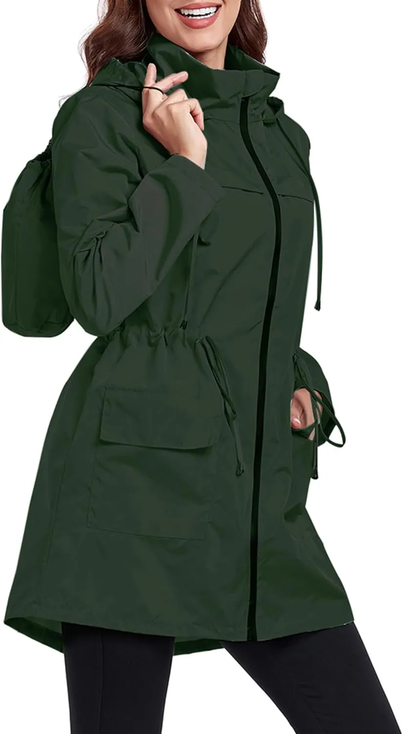 Women Waterproof Raincoat Lightweight Packable Active Outdoor Long Hooded Rain Jacket