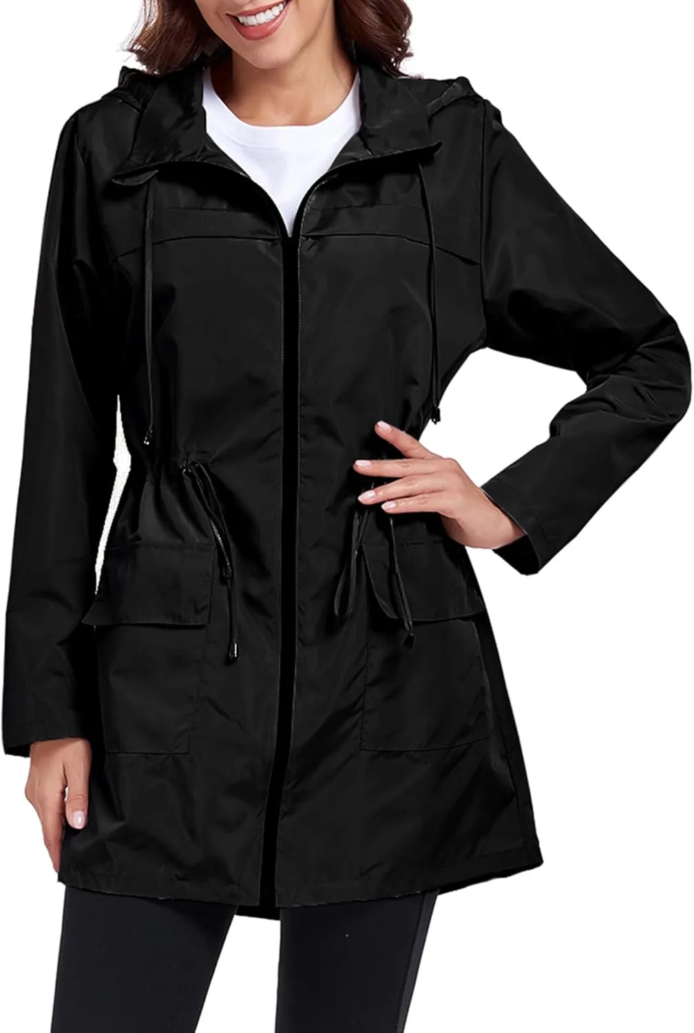 Women Waterproof Raincoat Lightweight Packable Active Outdoor Long Hooded Rain Jacket