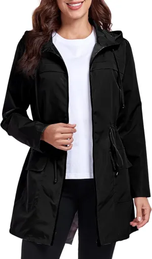 Women Waterproof Raincoat Lightweight Packable Active Outdoor Long Hooded Rain Jacket