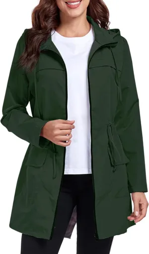 Women Waterproof Raincoat Lightweight Packable Active Outdoor Long Hooded Rain Jacket