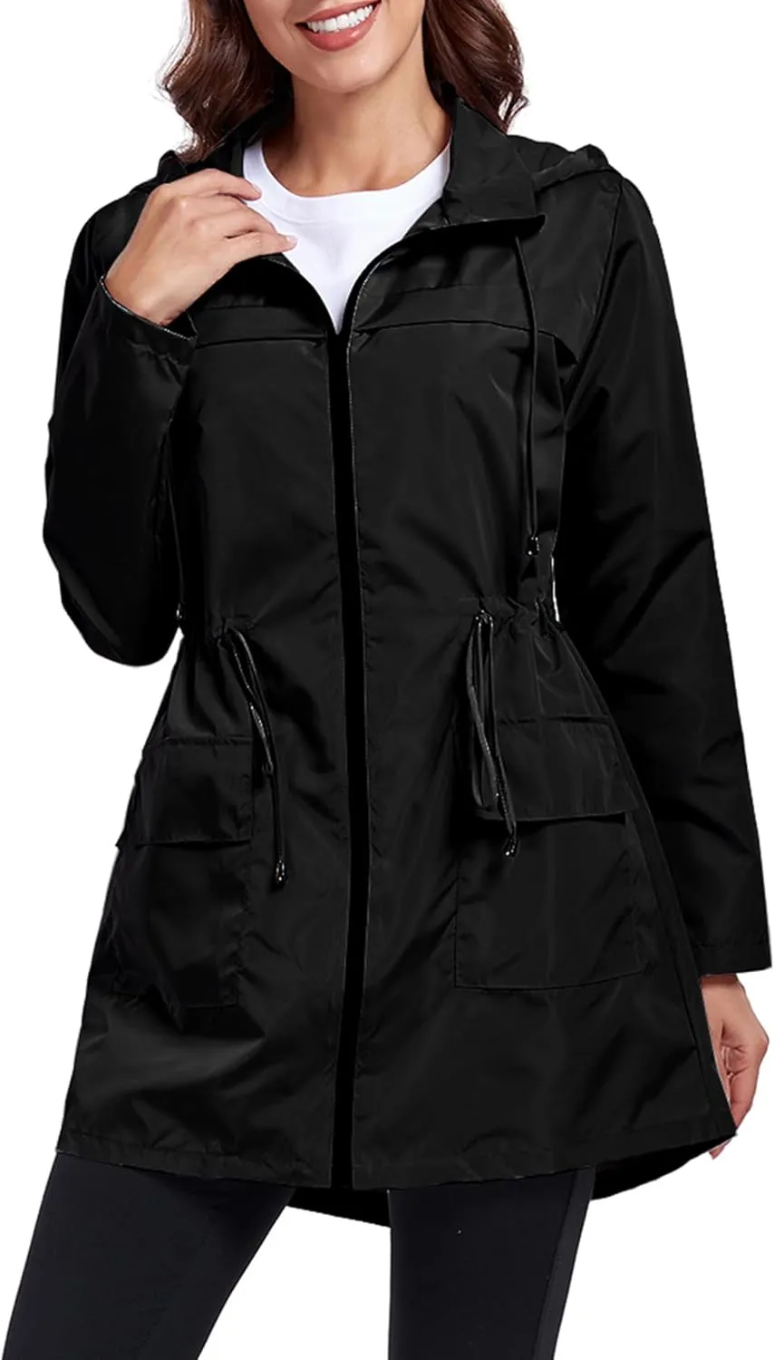 Women Waterproof Raincoat Lightweight Packable Active Outdoor Long Hooded Rain Jacket