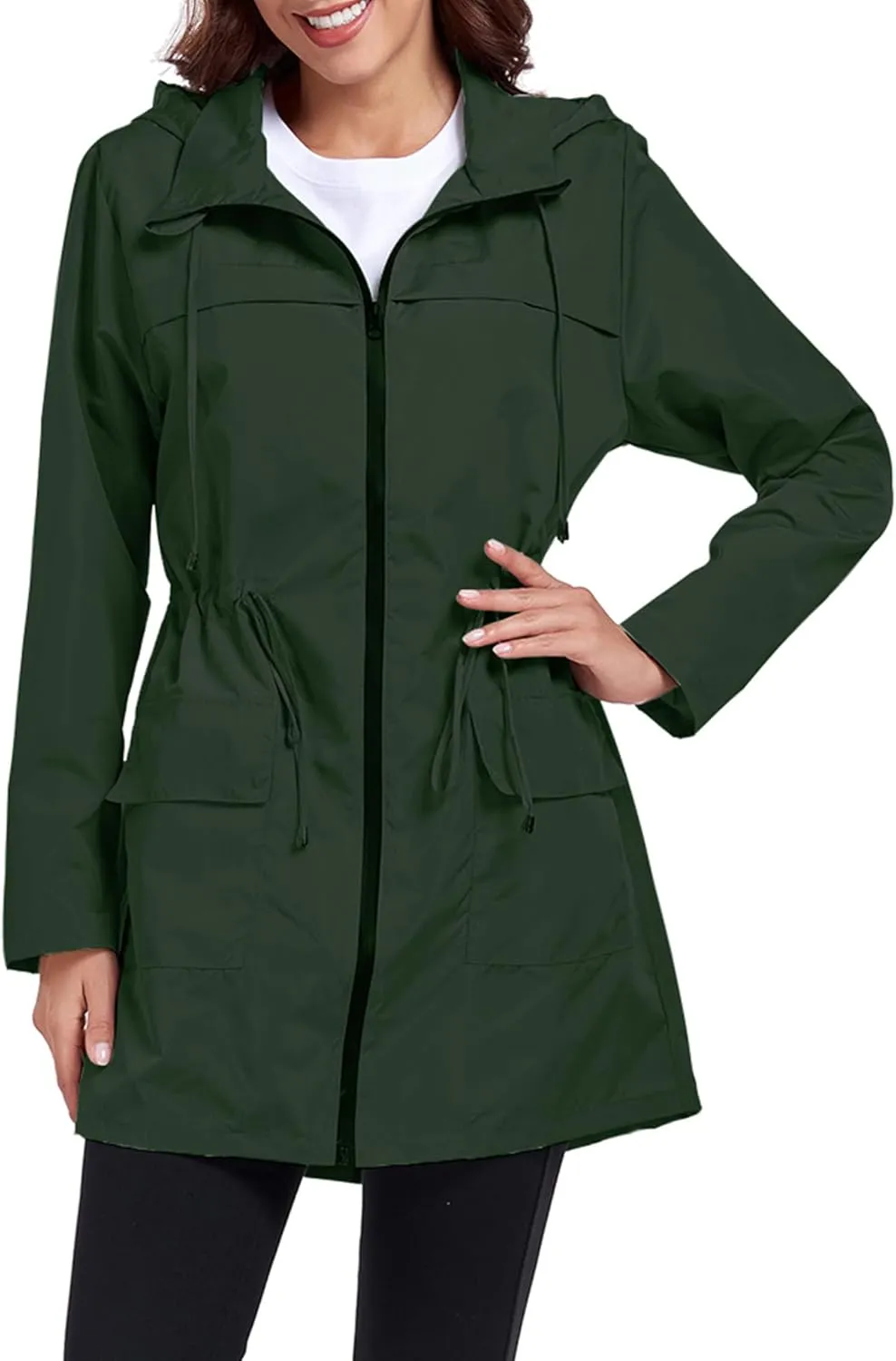 Women Waterproof Raincoat Lightweight Packable Active Outdoor Long Hooded Rain Jacket