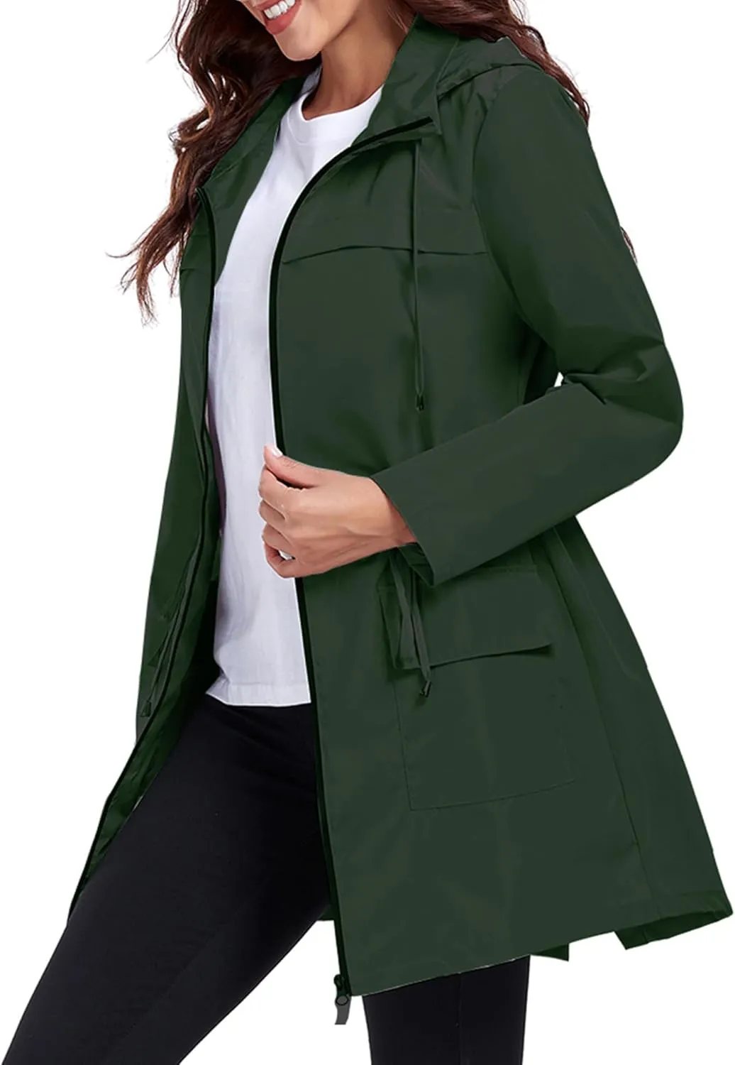 Women Waterproof Raincoat Lightweight Packable Active Outdoor Long Hooded Rain Jacket
