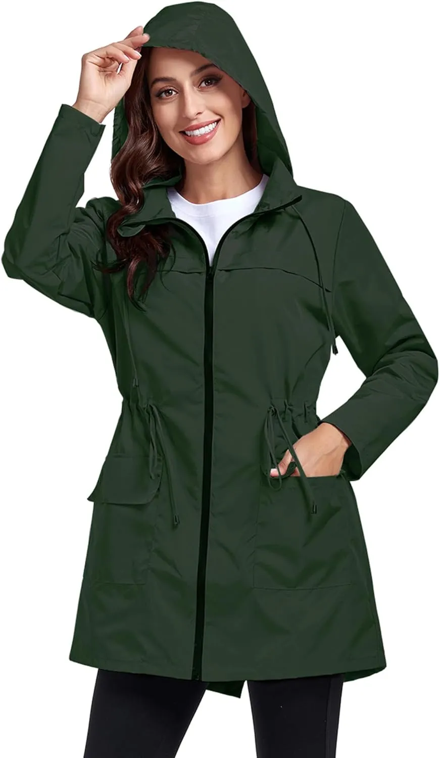 Women Waterproof Raincoat Lightweight Packable Active Outdoor Long Hooded Rain Jacket