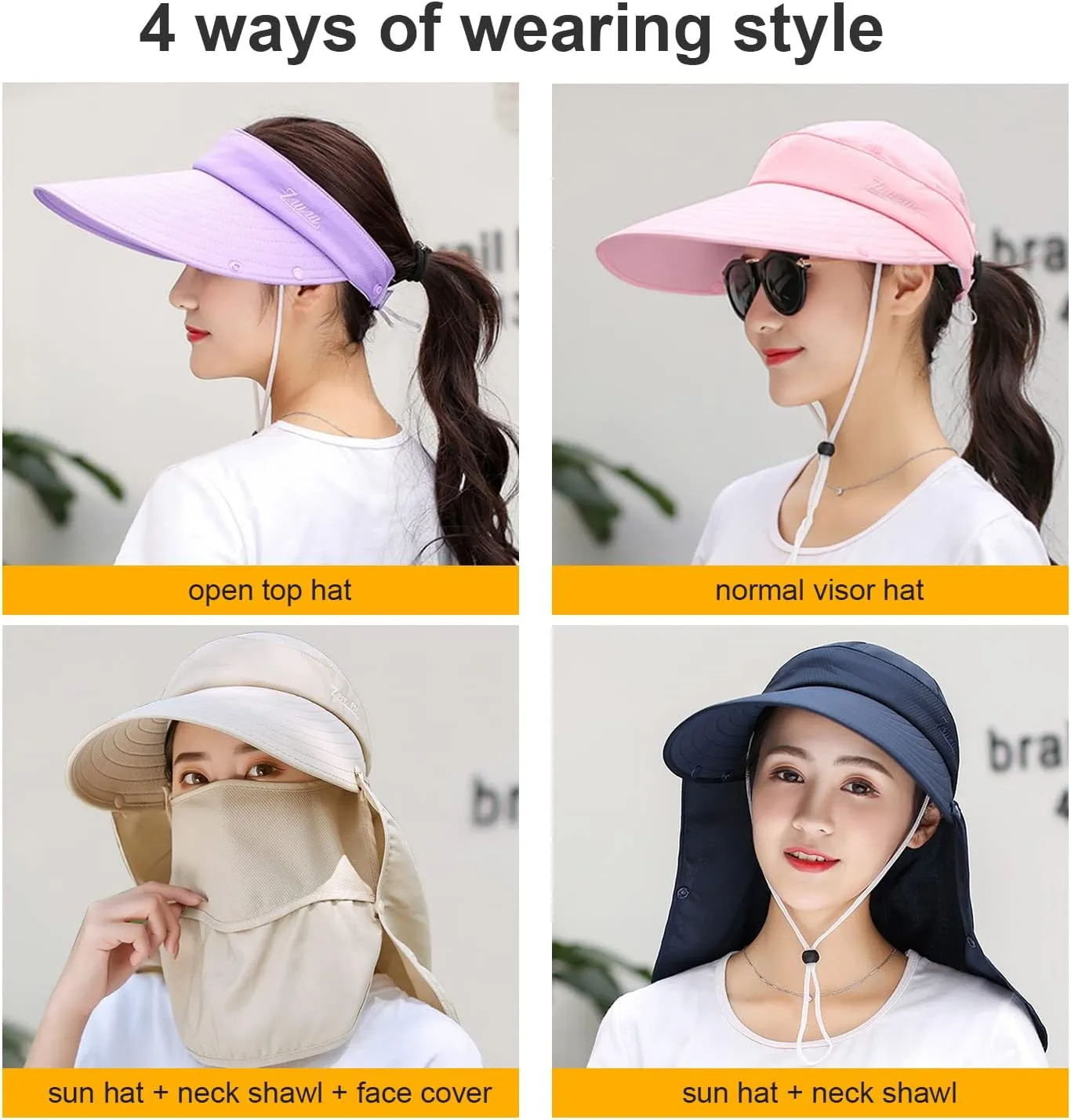 Women Wide Brim Face Mask Sun Hat Detachable Neck Face Flap Ponytail UV Protection Visor Hat Garden Fishing Hiking