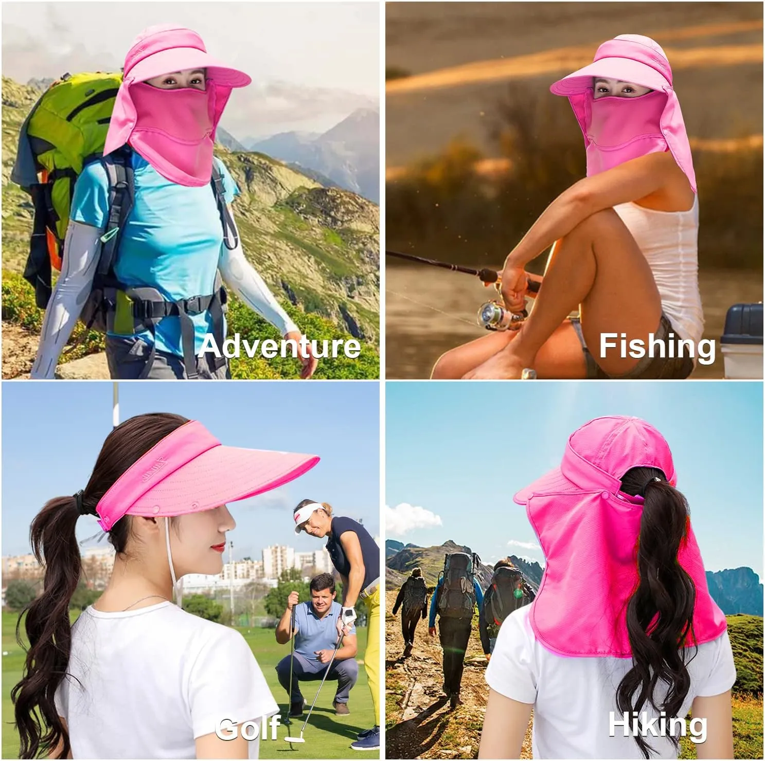 Women Wide Brim Face Mask Sun Hat Detachable Neck Face Flap Ponytail UV Protection Visor Hat Garden Fishing Hiking
