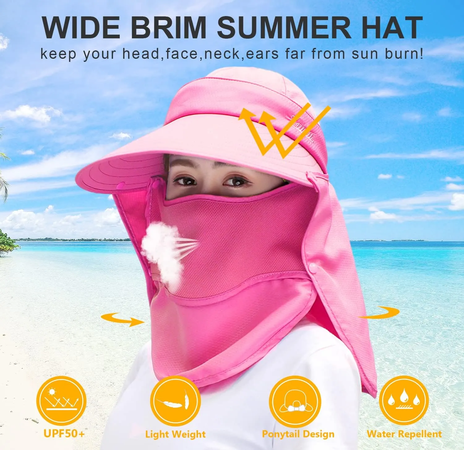 Women Wide Brim Face Mask Sun Hat Detachable Neck Face Flap Ponytail UV Protection Visor Hat Garden Fishing Hiking