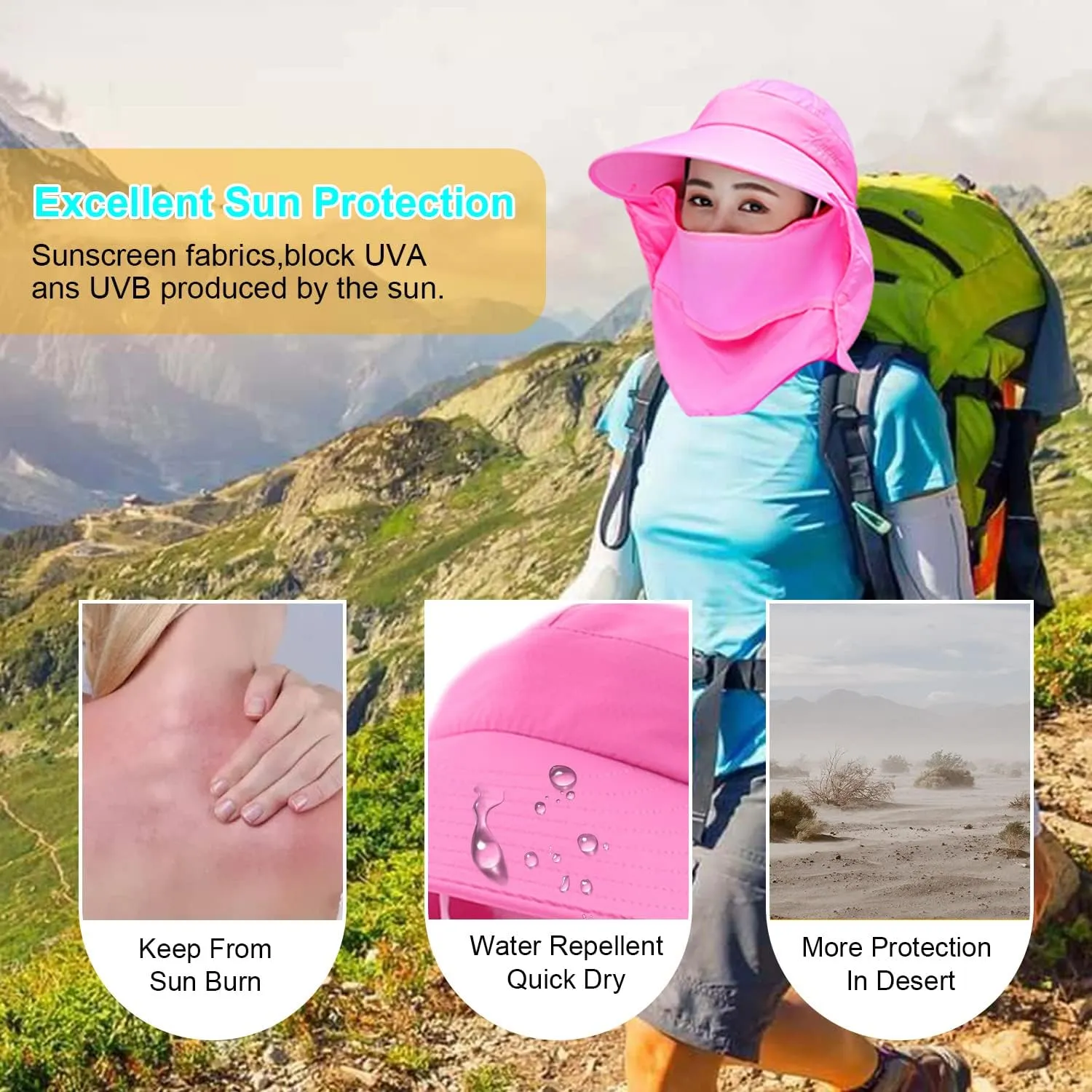 Women Wide Brim Face Mask Sun Hat Detachable Neck Face Flap Ponytail UV Protection Visor Hat Garden Fishing Hiking