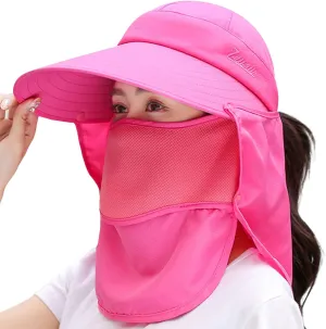 Women Wide Brim Face Mask Sun Hat Detachable Neck Face Flap Ponytail UV Protection Visor Hat Garden Fishing Hiking