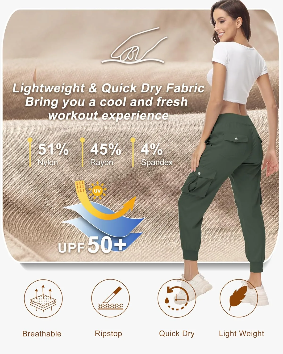 Women's Cargo Hiking Pants Quick Dry Lightweight Elastic Waist Button Pockets Joggers Athletic Sweatpants Travel Casual