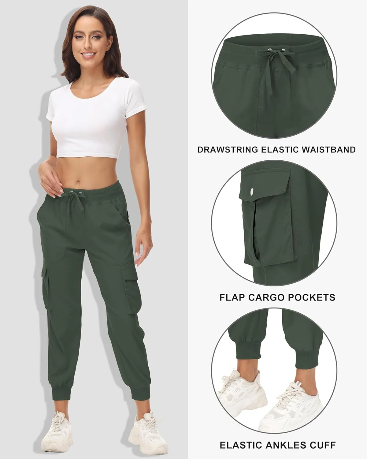 Women's Cargo Hiking Pants Quick Dry Lightweight Elastic Waist Button Pockets Joggers Athletic Sweatpants Travel Casual