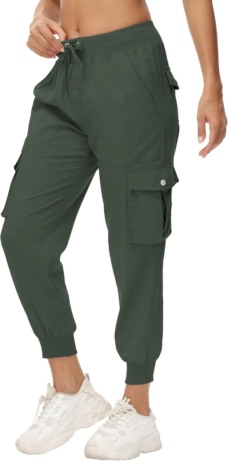 Women's Cargo Hiking Pants Quick Dry Lightweight Elastic Waist Button Pockets Joggers Athletic Sweatpants Travel Casual