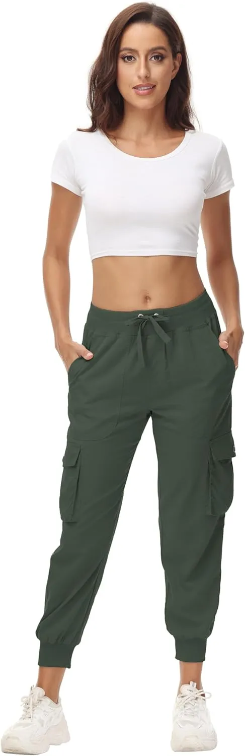 Women's Cargo Hiking Pants Quick Dry Lightweight Elastic Waist Button Pockets Joggers Athletic Sweatpants Travel Casual