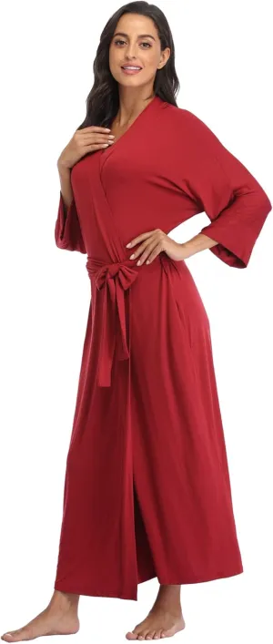 Women's Long Robes Soft Kimono Bathrobe Lightweight Sleepwear Maternity Dressing Gown Knit Wrap House Loungewear