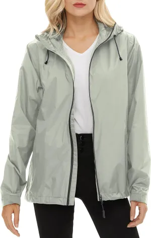 Women's Rain Jacket Lightweight Waterproof Rain Coat with Hooded Windproof Adjustable Windbreaker