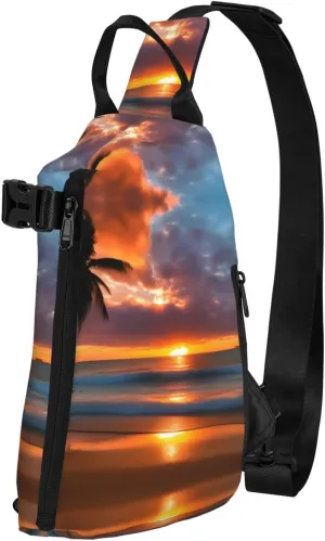 WURTON Sunset Beach Print Crossbody Backpack Cross Pack Lightweight Sling Bag Travel, Hiking