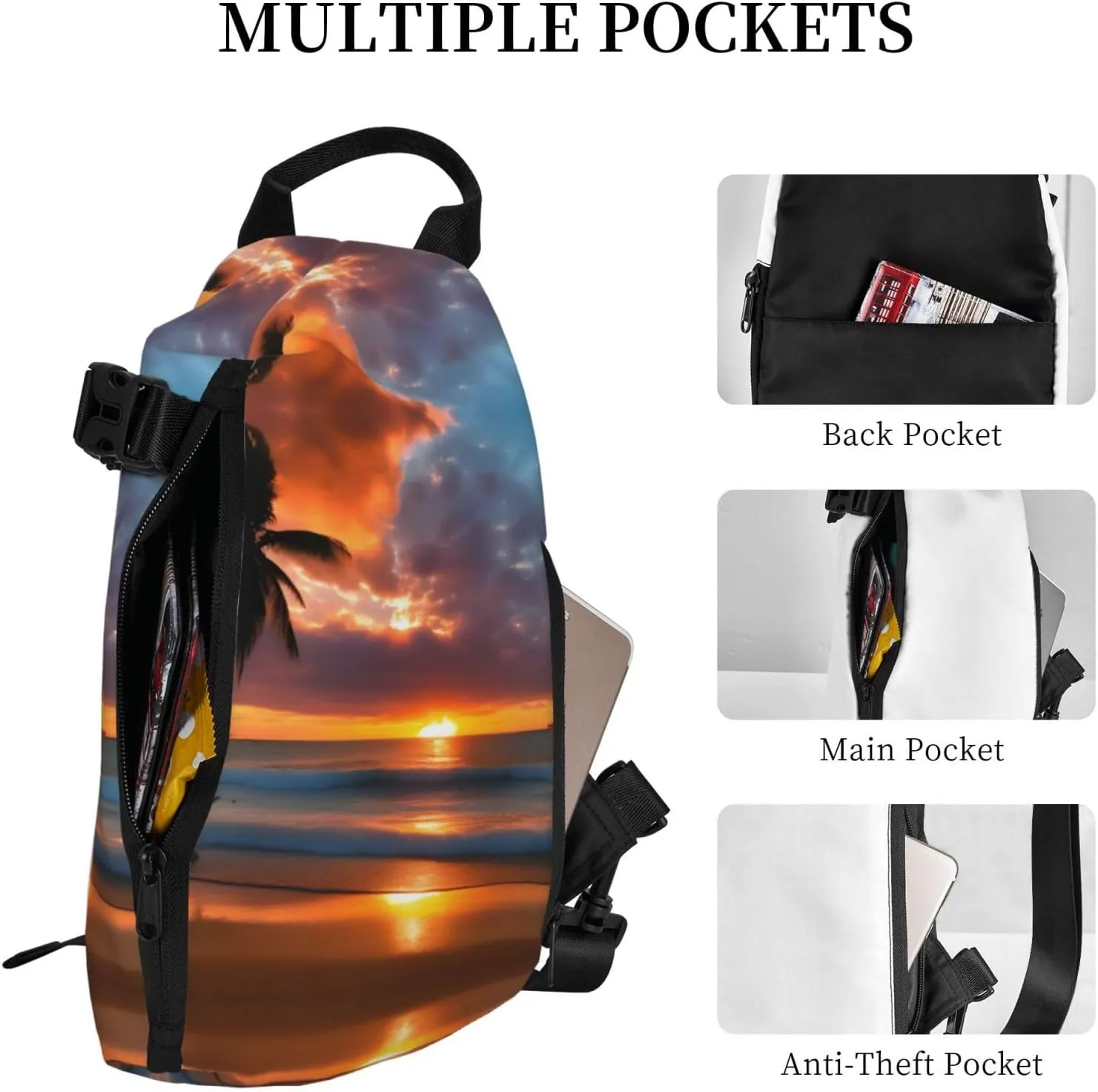 WURTON Sunset Beach Print Crossbody Backpack Cross Pack Lightweight Sling Bag Travel, Hiking