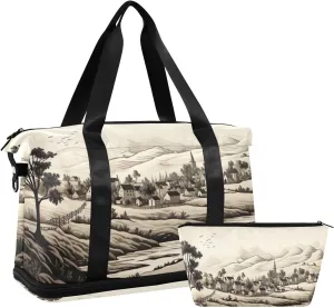 xigua Gym Bag Old Village Pattern Travel Duffel Bag - Sports Gym Bag with Dry Wet Pocket Cosmetic bag & Shoes Compartment for Women and Men