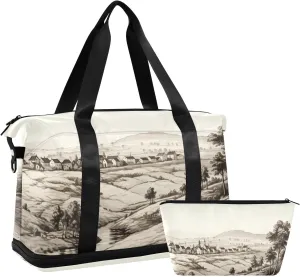 xigua Gym Bag Old Village Pattern Travel Duffel Bag - Sports Gym Bag with Dry Wet Pocket Cosmetic bag & Shoes Compartment for Women and Men