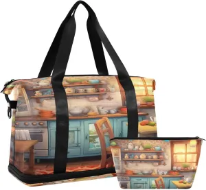 xigua Gym Bag Rustic Kitchen Travel Duffel Bag - Sports Gym Bag with Dry Wet Pocket Cosmetic bag & Shoes Compartment for Women and Men