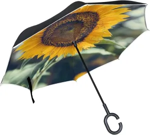 Yellow Sunflower Reverse Inverted Inside Out Umbrella Cars Unigue Windproof UV Proof Double Layer for Women