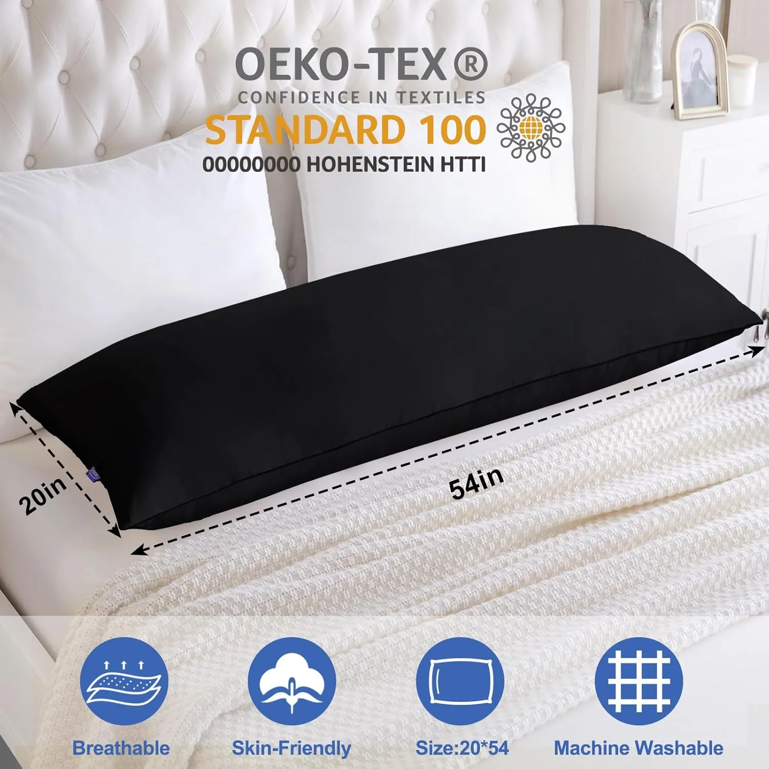YZ HOME Memory Foam Body Pillow Insert - Full Body Pillow for Adults - Soft Large Long Bed Pillow for Side Sleeper(20x54 Inch, Black)