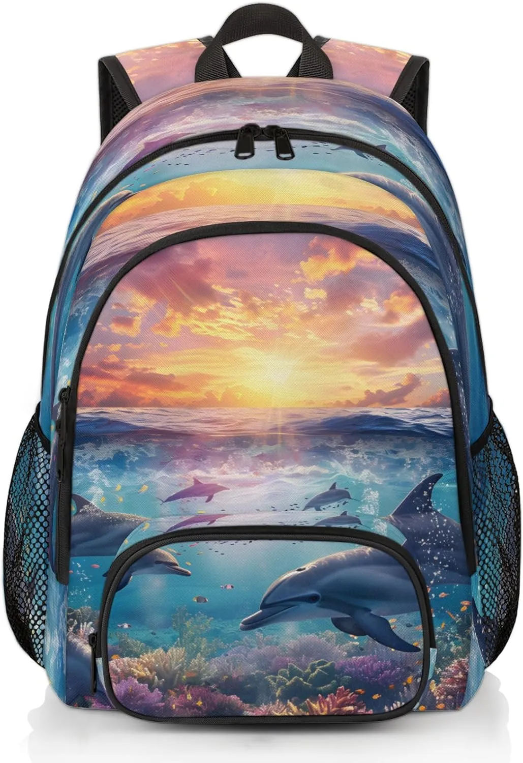 Yzrwebo Ocean Dolphin Laptop iPad Tablet Travel Backpack Casual Daypack, Coral Reef Lightweight Adjustable Shoulder Straps with Multiple Pockets Backpack for Women Men Gifts