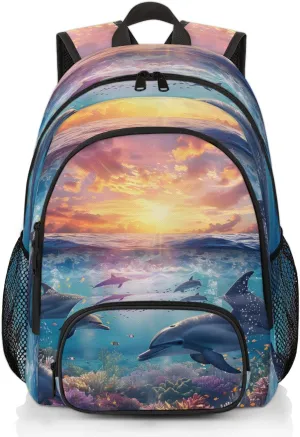 Yzrwebo Ocean Dolphin Laptop iPad Tablet Travel Backpack Casual Daypack, Coral Reef Lightweight Adjustable Shoulder Straps with Multiple Pockets Backpack for Women Men Gifts