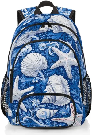 Yzrwebo Starfish Sea Shell Laptop iPad Tablet Travel Backpack Casual Daypack, Conch Seaweed Lightweight Adjustable Shoulder Straps with Multiple Pockets Backpack for Women Men Gifts
