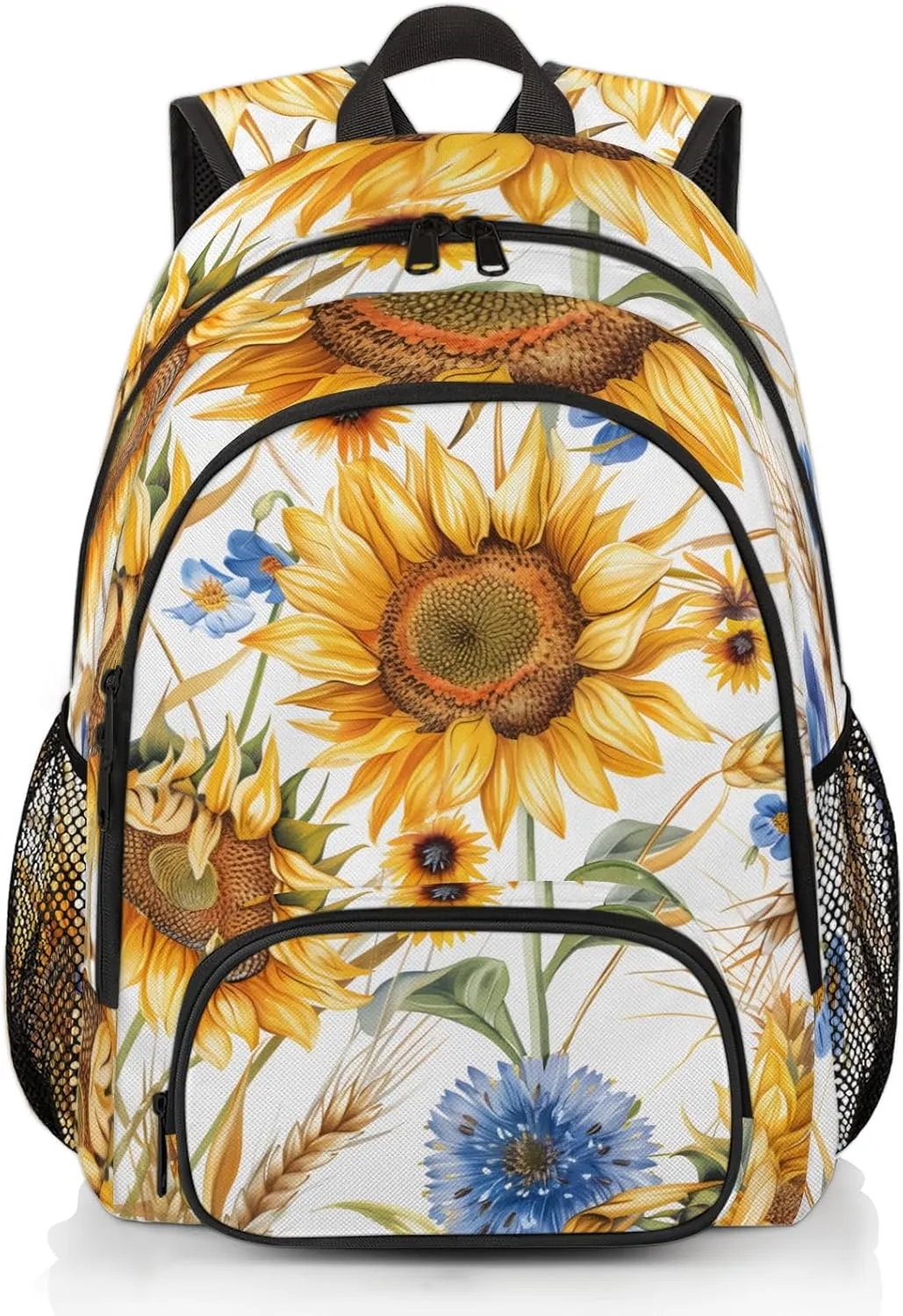 Yzrwebo Sunflower Laptop iPad Tablet Travel Backpack Casual Daypack, Cornflower Wheat Lightweight Adjustable Shoulder Straps with Multiple Pockets Backpack for Women Men Gifts