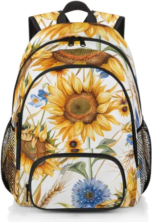 Yzrwebo Sunflower Laptop iPad Tablet Travel Backpack Casual Daypack, Cornflower Wheat Lightweight Adjustable Shoulder Straps with Multiple Pockets Backpack for Women Men Gifts