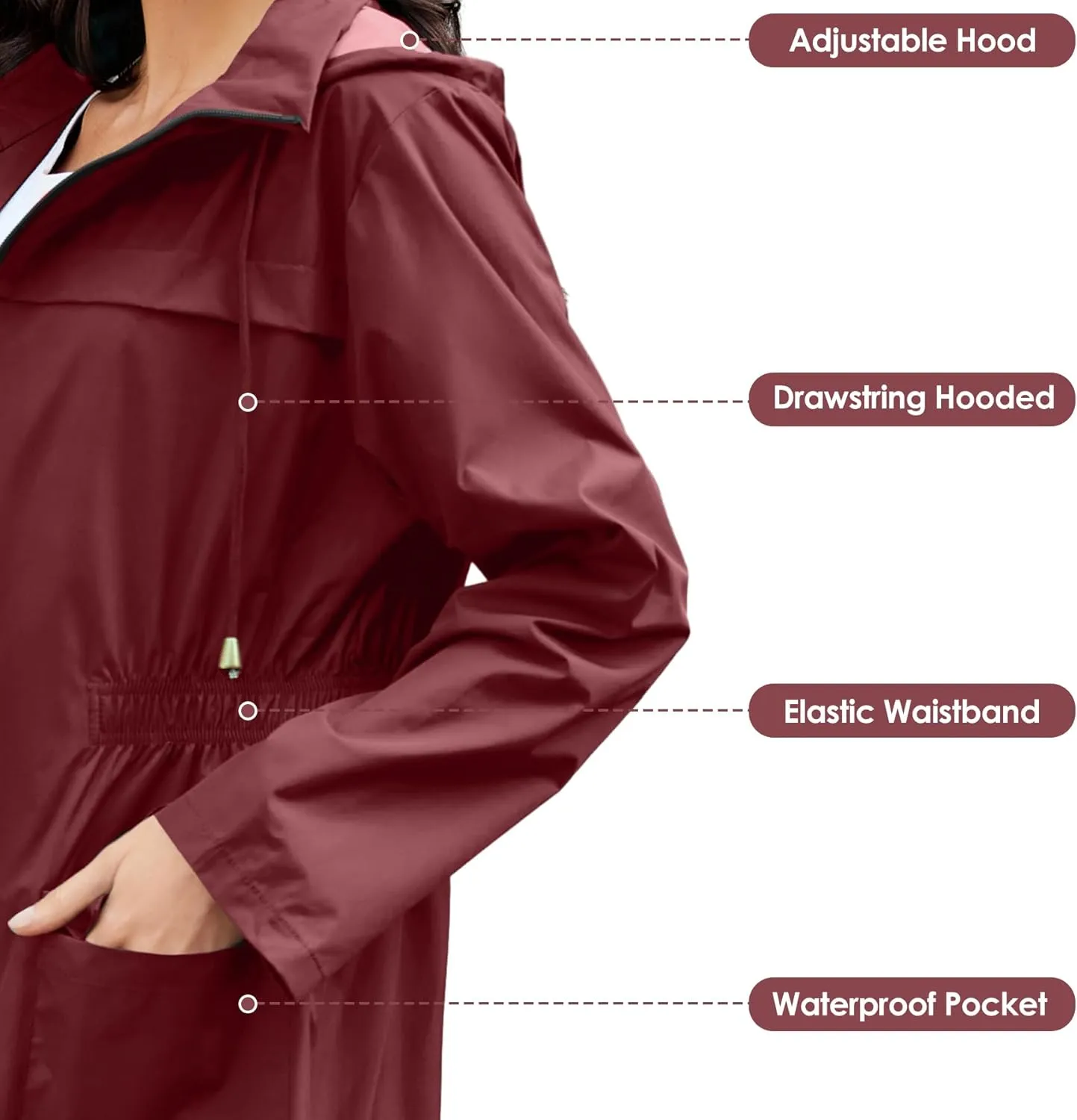 Zando Packable Rain Jacket Women Waterproof Long Rain Coat Lightweight with Hood Windbreaker Jackets Outdoor Trench Coat