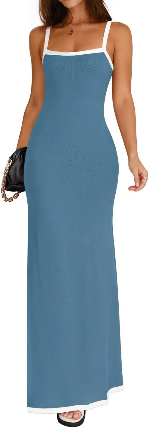 ZESICA Women's 2025 Summer Spaghetti Straps Maxi Dress Sleeveless Square Neck Lightweight Long Beach Dresses