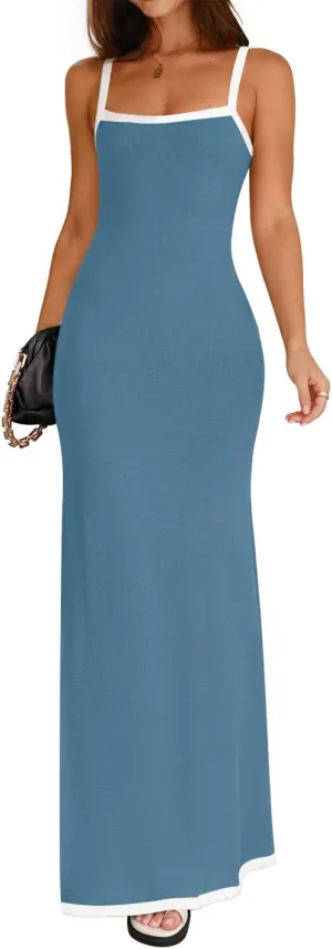 ZESICA Women's 2025 Summer Spaghetti Straps Maxi Dress Sleeveless Square Neck Lightweight Long Beach Dresses