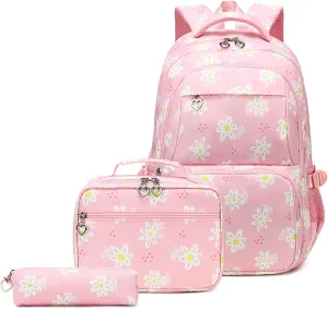 ZHANAO Daisy Backpack for Girls,Bookbag with Lunch Box Kids School Bag Set 3pcs Flower Girls Backpack Set School Daypack for Teens Girls