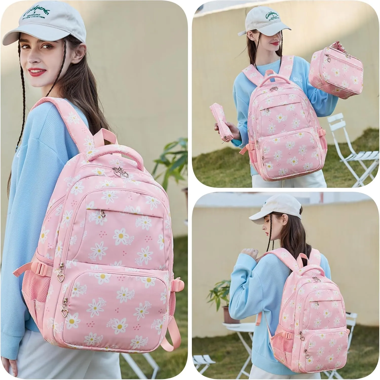 ZHANAO Daisy Backpack for Girls,Bookbag with Lunch Box Kids School Bag Set 3pcs Flower Girls Backpack Set School Daypack for Teens Girls