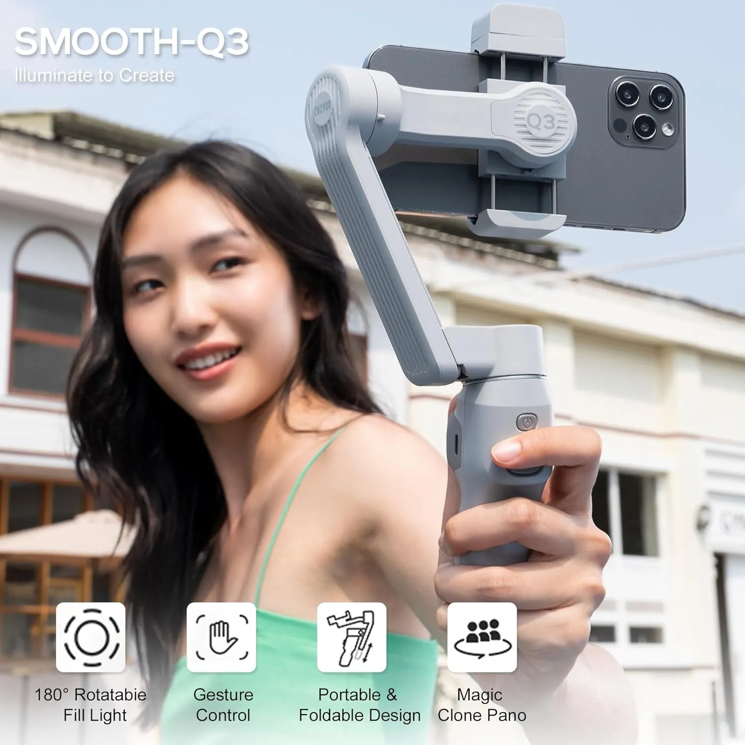 Zhiyun Smooth Q3, 3-Axis Gimbal Stabilizer for Smartphone with Fill Light and Tripod, Auto Inception Dolly-Zoom Time-Lapse, Portable and Foldable, Gesture Control, Android and iPhone Gimbal