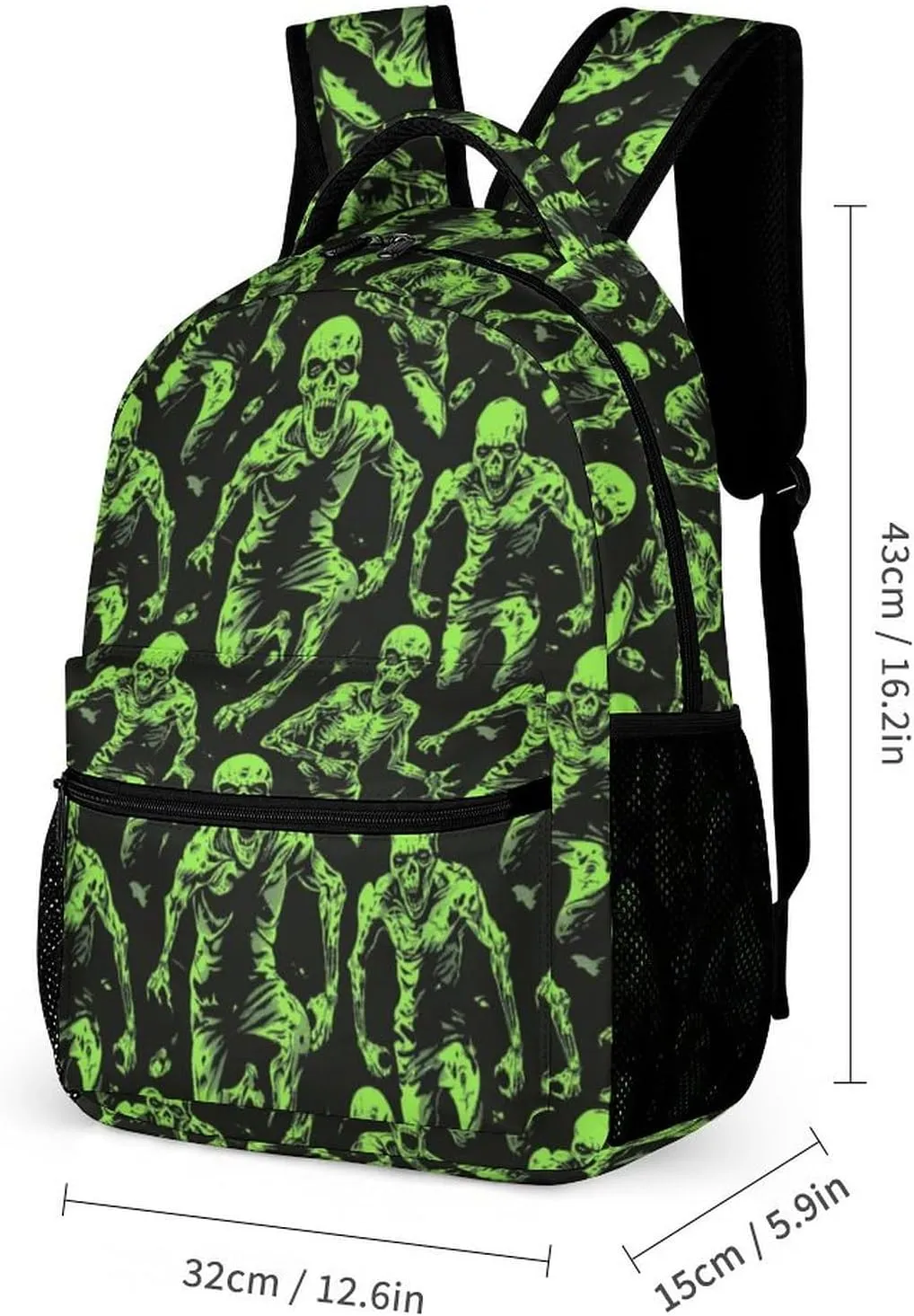 Zombie Backpack for Kids Girls Boys School, 16 Inches Scary Zombies Theme Bookbag, Adjustable, Lightweight, Large Capacity, Colorful Haunted Horror Backpack