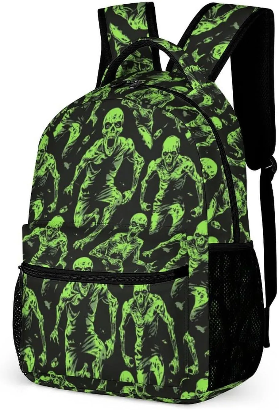 Zombie Backpack for Kids Girls Boys School, 16 Inches Scary Zombies Theme Bookbag, Adjustable, Lightweight, Large Capacity, Colorful Haunted Horror Backpack