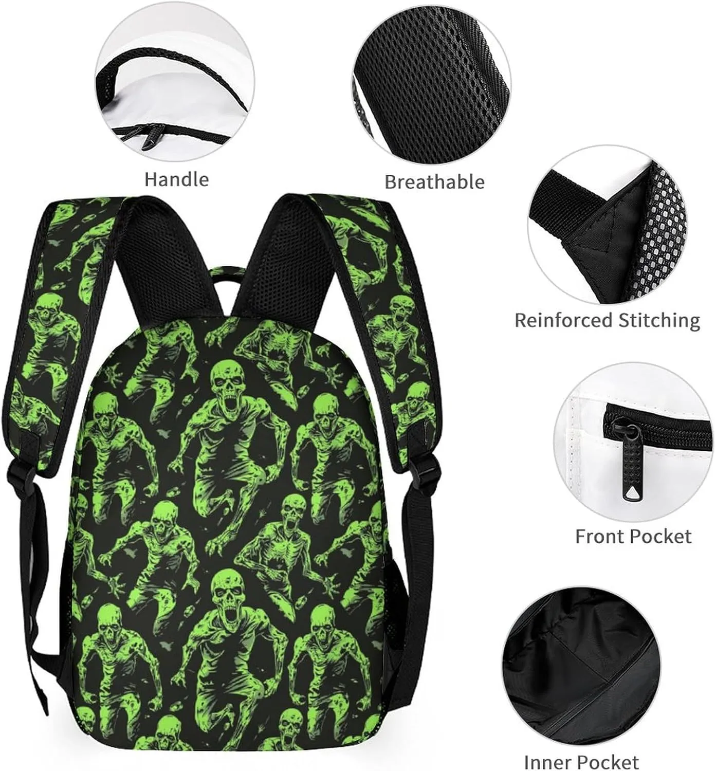 Zombie Backpack for Kids Girls Boys School, 16 Inches Scary Zombies Theme Bookbag, Adjustable, Lightweight, Large Capacity, Colorful Haunted Horror Backpack